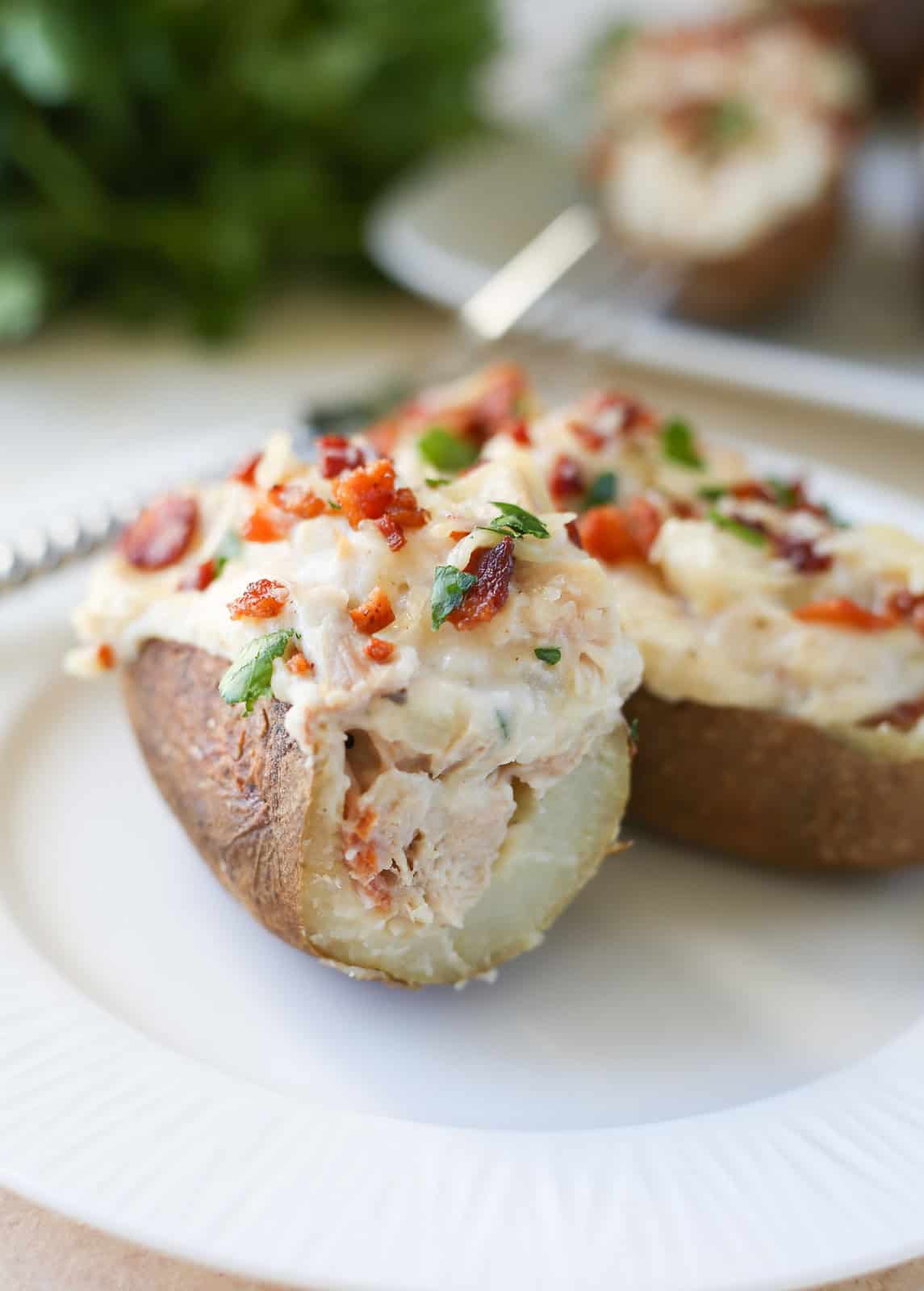 A twice baked potato cut open