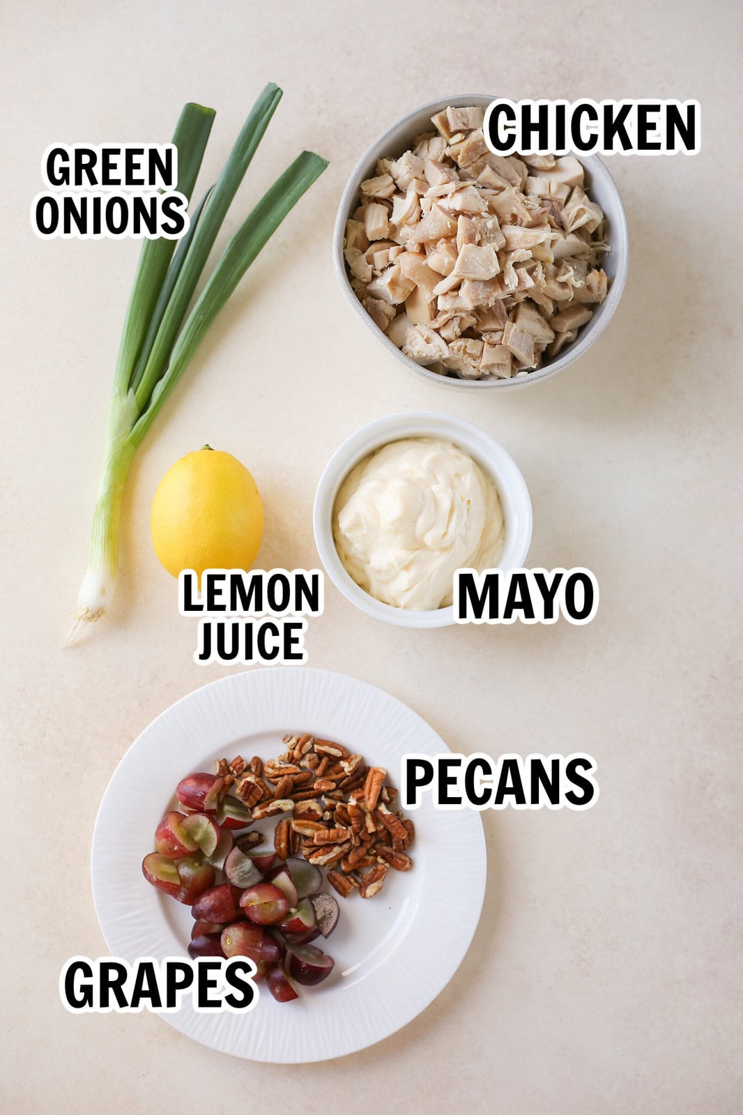 ingredients for chicken salad with grapes and pecans