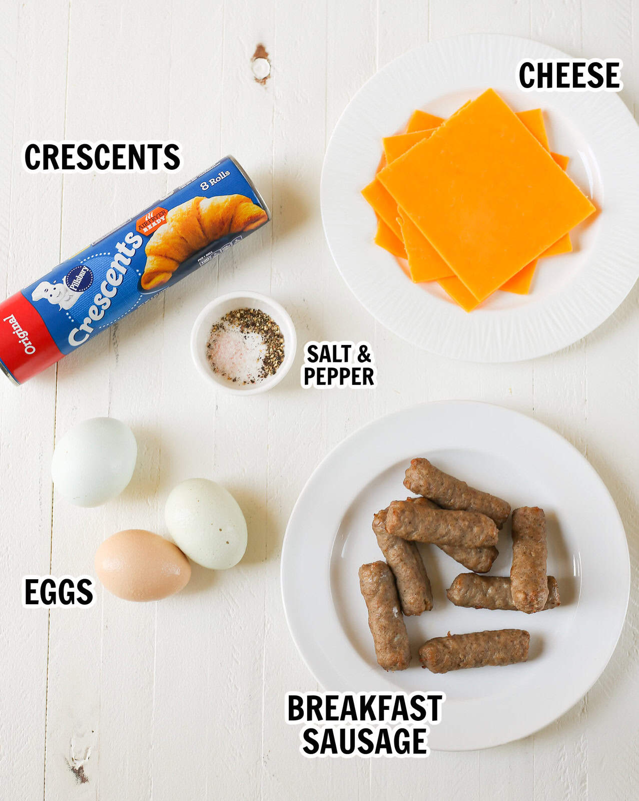 overhead shot of the ingredients for sausage, egg, and cheese crescent rolls