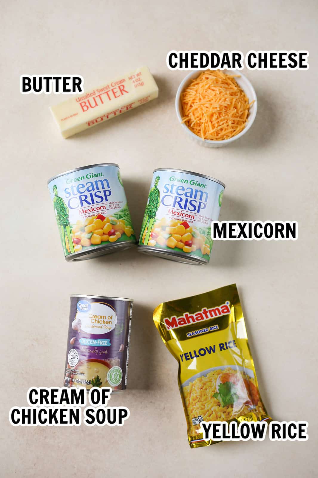 ingredients for corn casserole with yellow rice