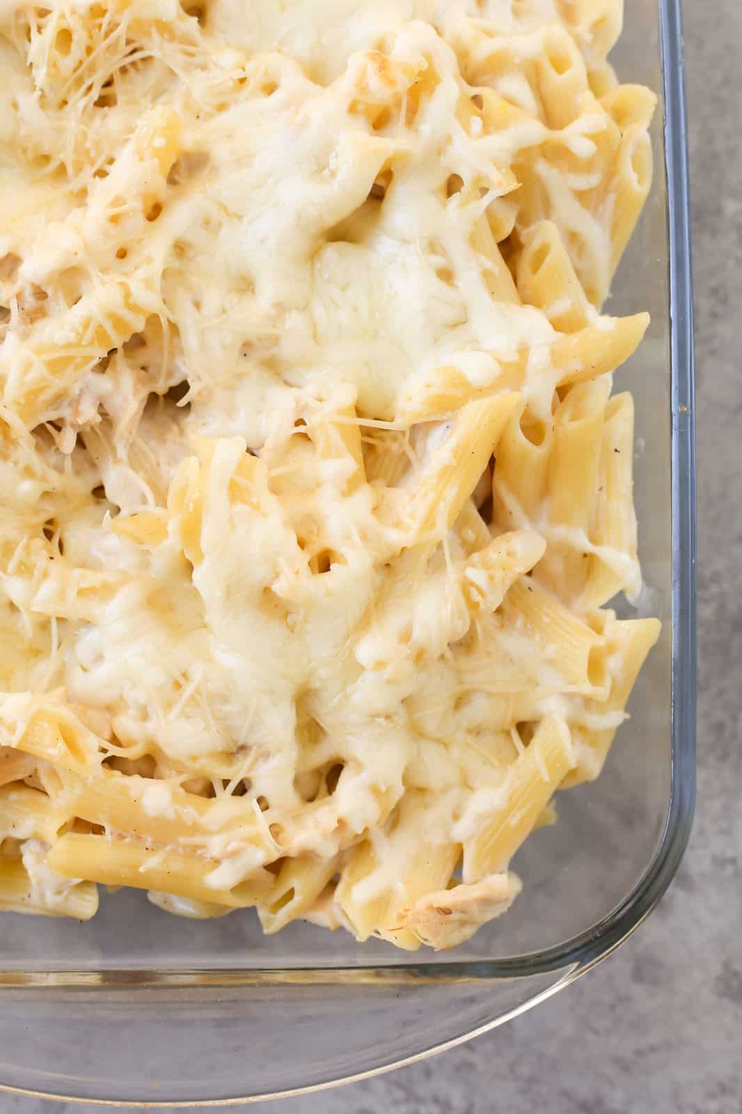 chicken alfredo bake in a casserole dish 