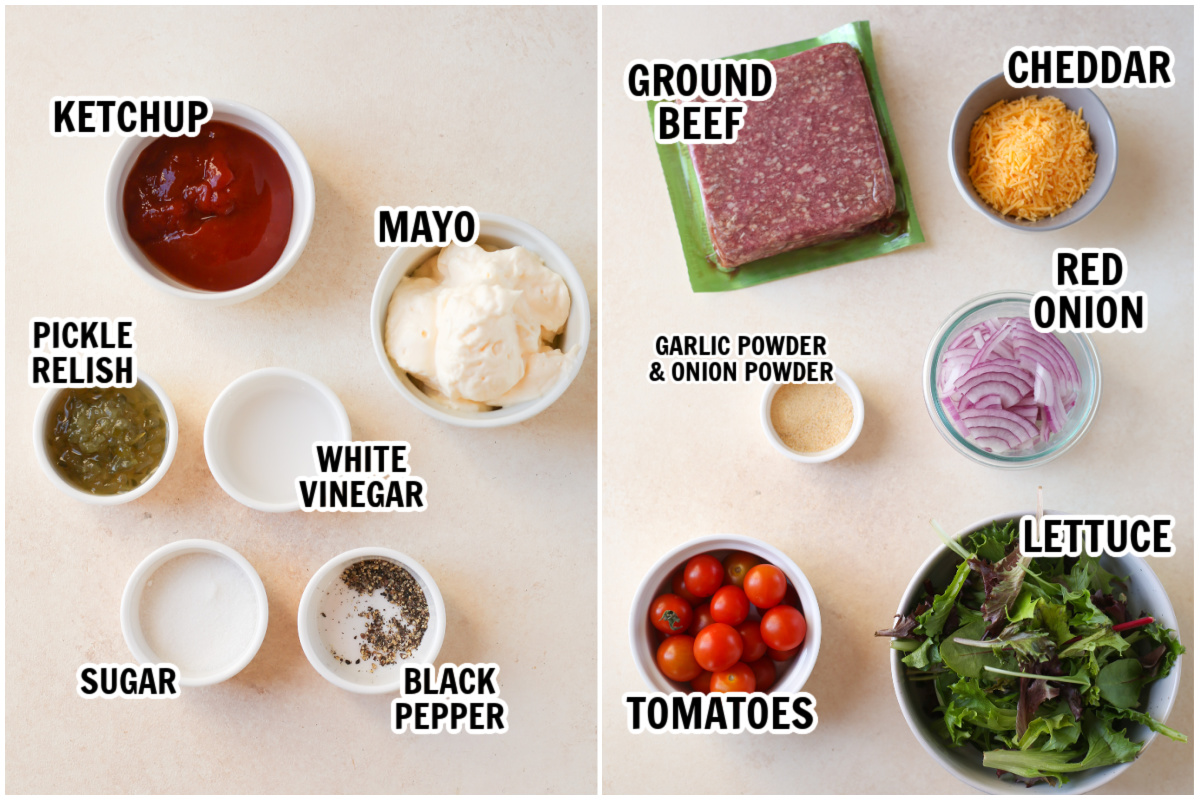 ingredients for homemade burger sauce and burger salad