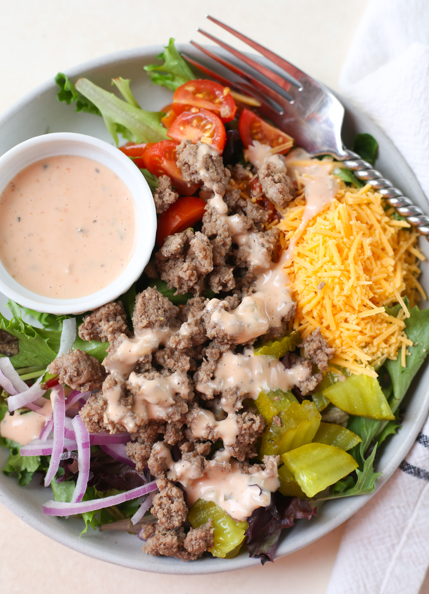 overhead shot of cheeseburger salad