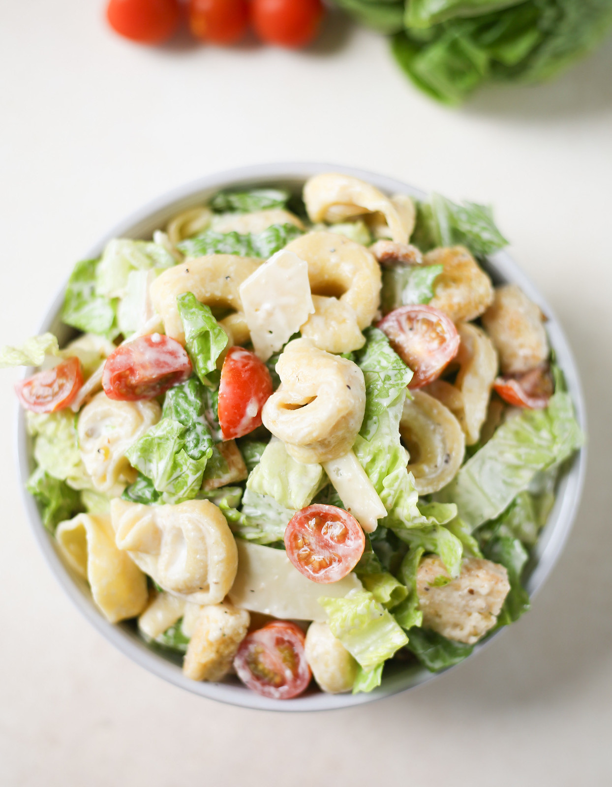 tortellini caesar salad in a bowl
